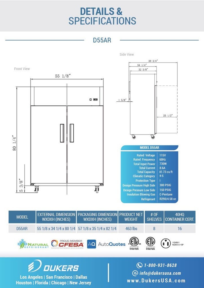 DUKERS D55AR, Top Mount 2-Door REFRIGERATOR