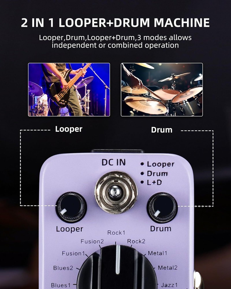 LEKATO Looper Guitar Pedal Loop & Drum Machine 20mins Loop 16 Different Drums
