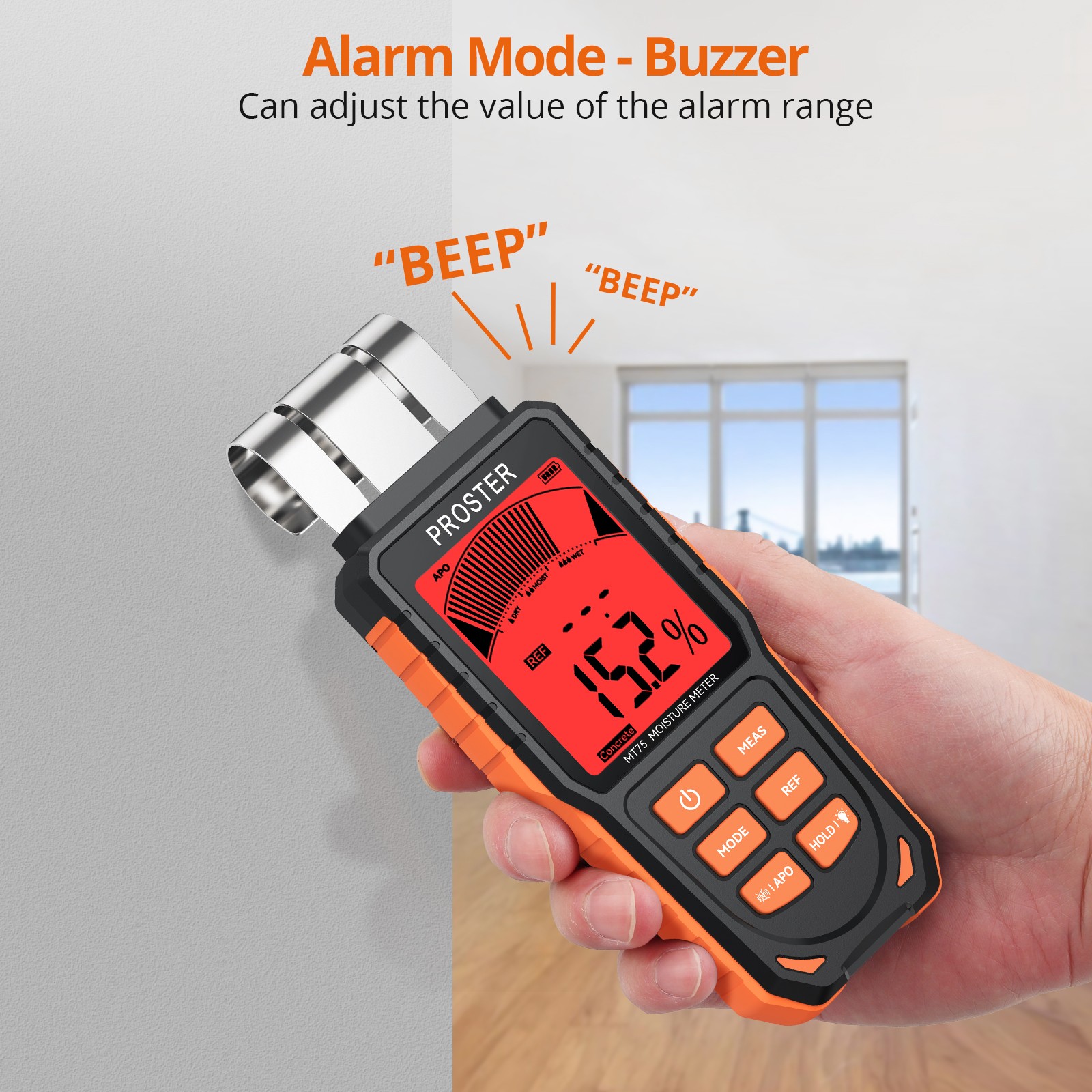 Proster Pinless Moisture Meter Wall Firewood Masonry Concrete 5Modes Damp Tester