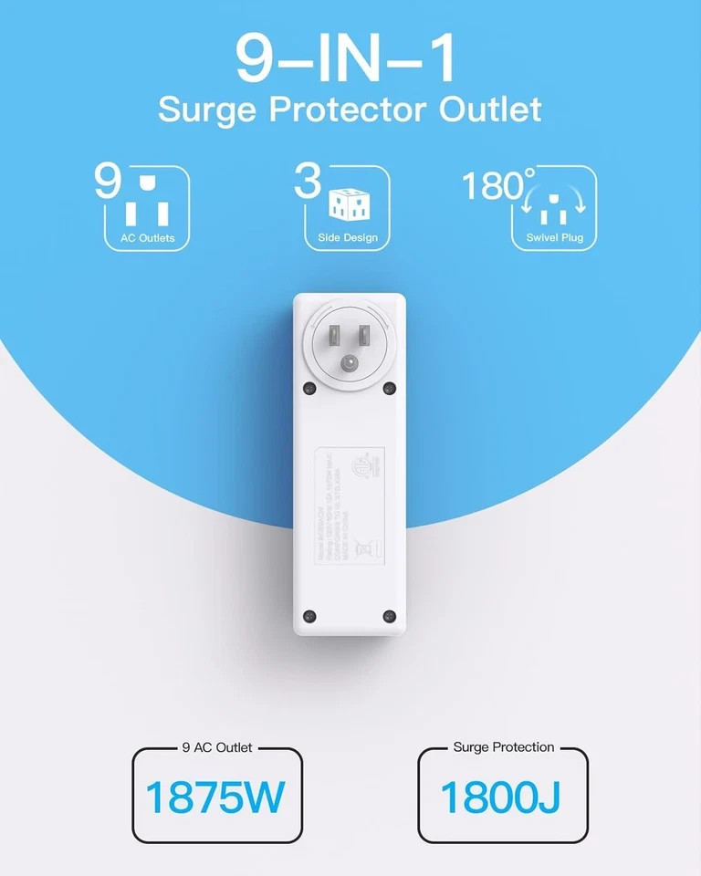 Surge Protector Outlet Extender with Rotating Plug, 9 AC Multi Plug Wall Outlet