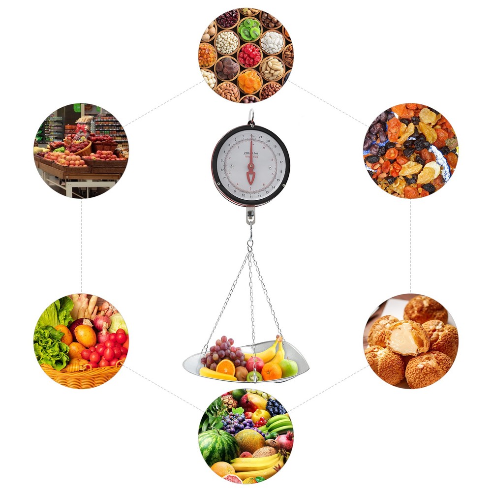 22LBS Double-Sided Dial Mechanical Hanging Scale with Scoop/Chain for Kitchen