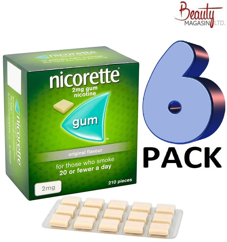6 x Nicorette ORIGINAL Chewing Gum 2mg 210 Pieces "FREE SHIP TO USA"