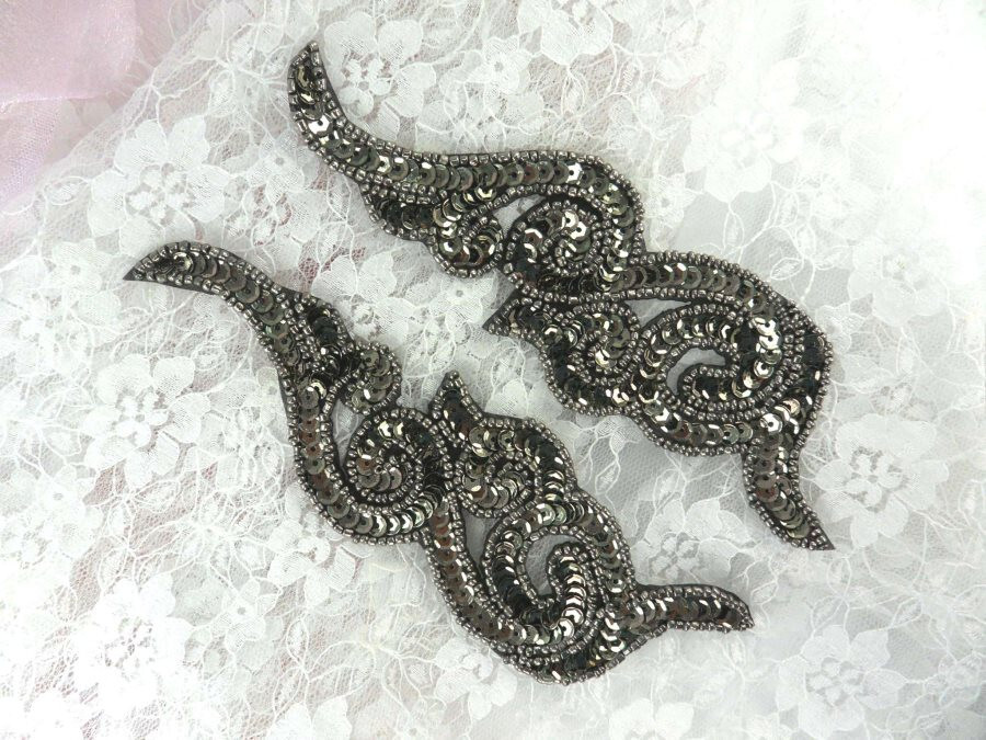 Mirror Pair Smoke Scroll Designer Sequin Appliques Sewing Dance Patch 7" JB233X