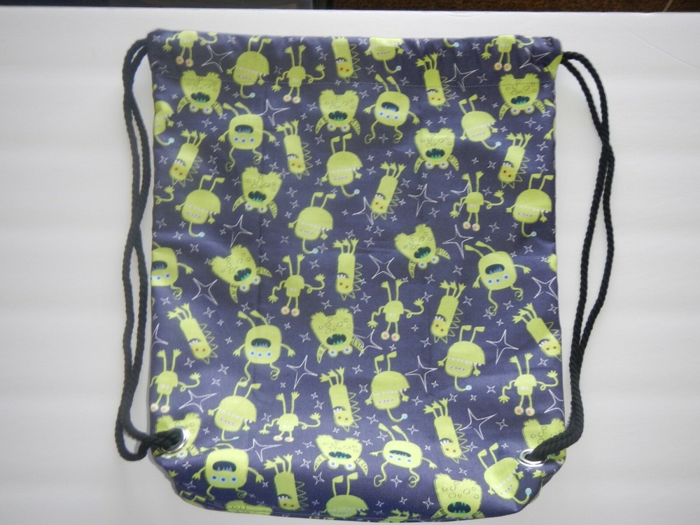 Drawstring athletic bag Backpack navy blue with green aliens black straps