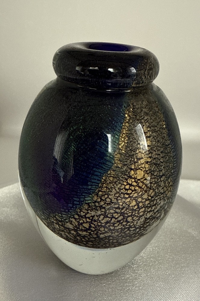 ROBERT EICKHOLT 3” Mini Vase IRIDESCENT GOLD BANDS ~ 1997 SIGNED EUC