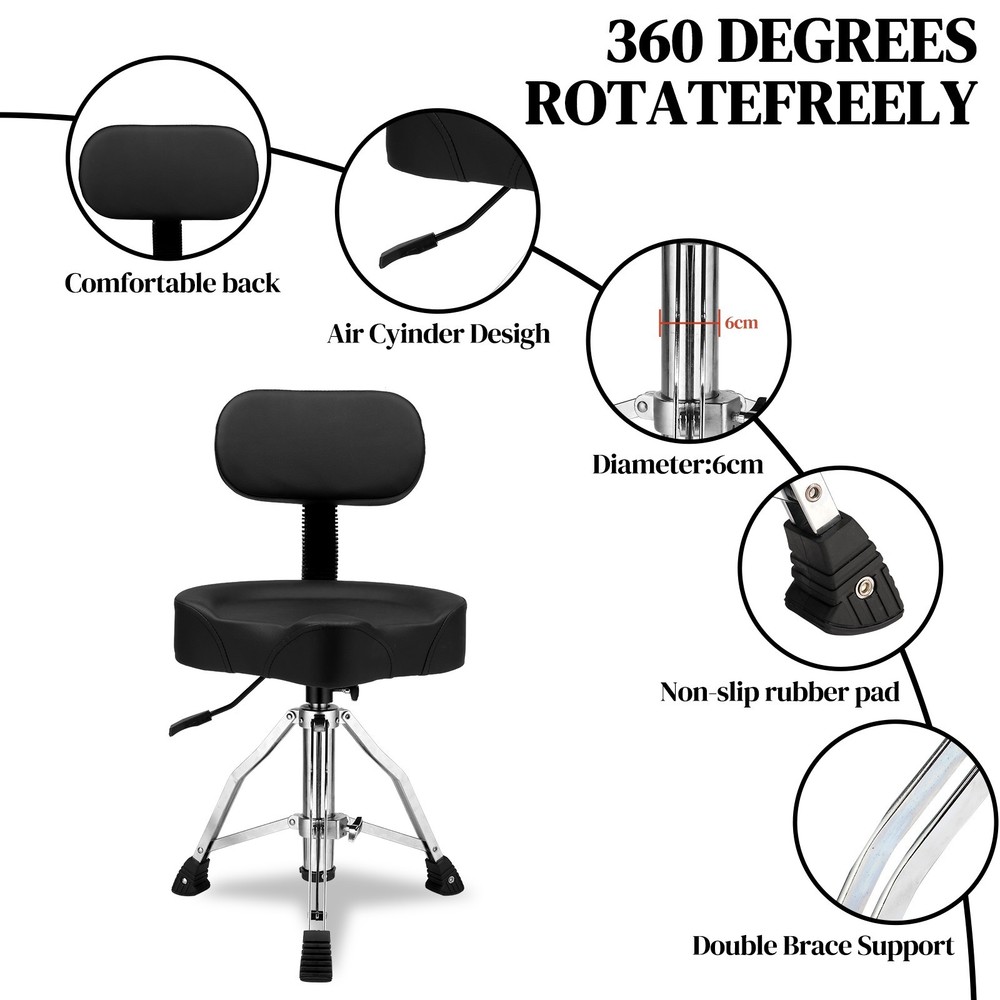 Drum Throne w/ Backrest, Hydraulic Drum Stool Adjustable Height Drum Seat Saddle