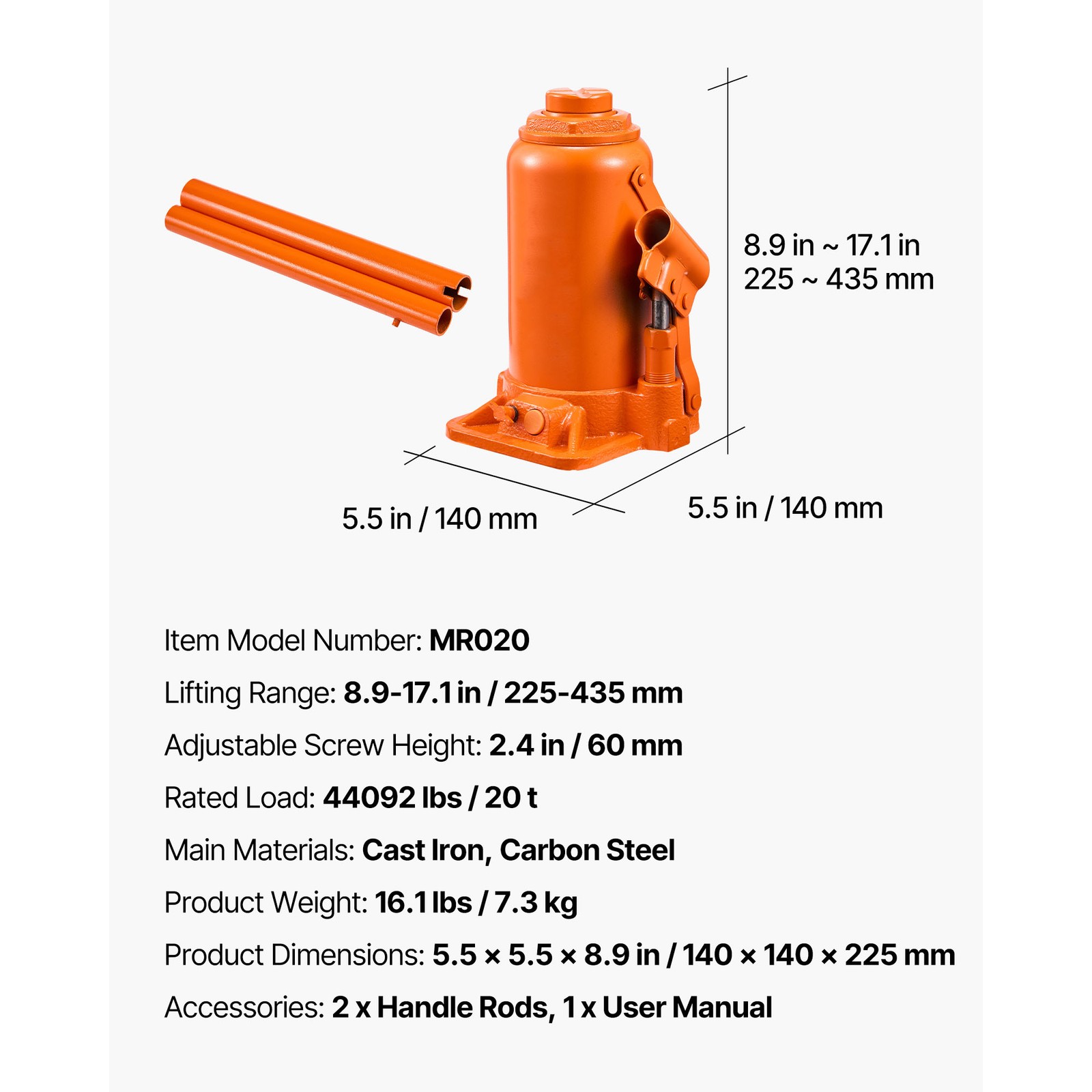 Uimoso Hydraulic Bottle Jack 20 Ton (44092 lbs) High Lift for Vehicle Repairs