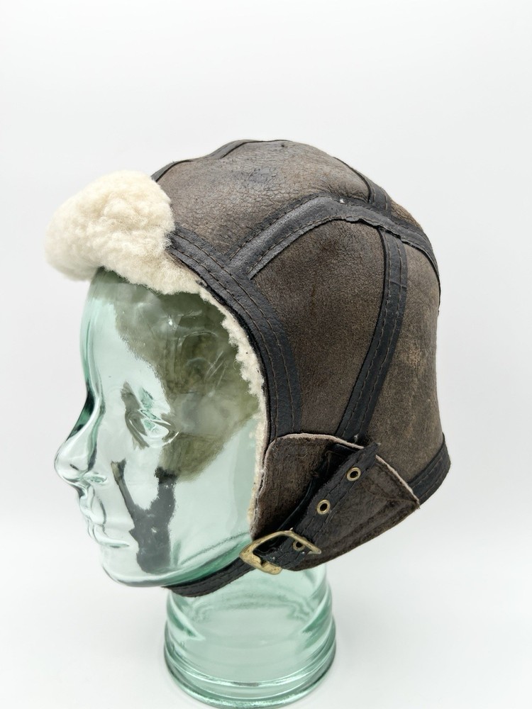 Vintage Shearling Leather Aviator Hat Flight Cap Brown Large Bomber