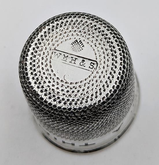 WILLIAM HUTTON SILVER PLATE 'JUST A THIMBLE FULL' SPIRIT MEASURE c1900