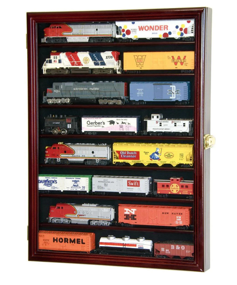 HO Scale Model Train Display Case Lockable Collection Shelf Cabinet Cherry Wood