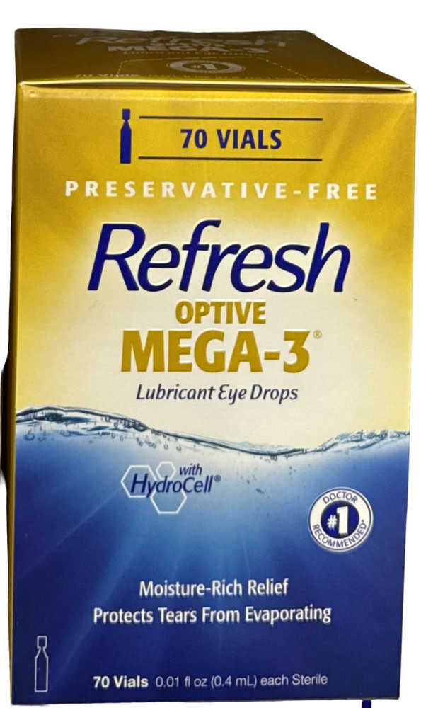 Refresh 70 VIALS Optive Mega-3 Lubricant Eye Drops, Preservative-Free,Exp:10/26