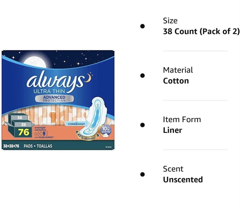 always Ultra Thin Advanced Overnight Pads, 76-count