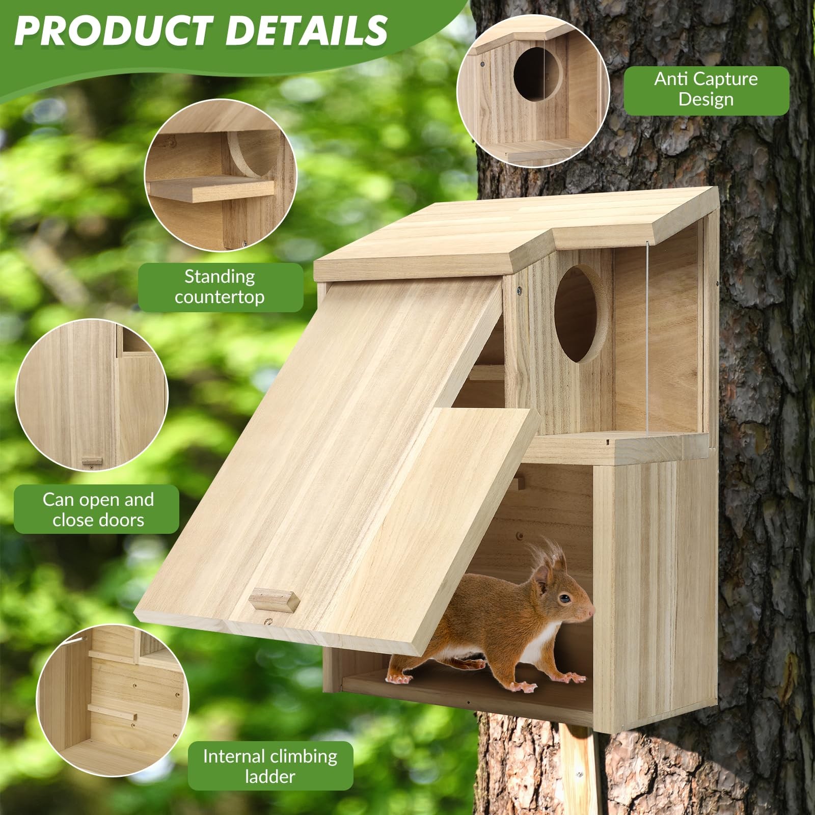 Sundia Large Squirrel Family House Pine Coated Nesting Wooden Box for Breeding/L