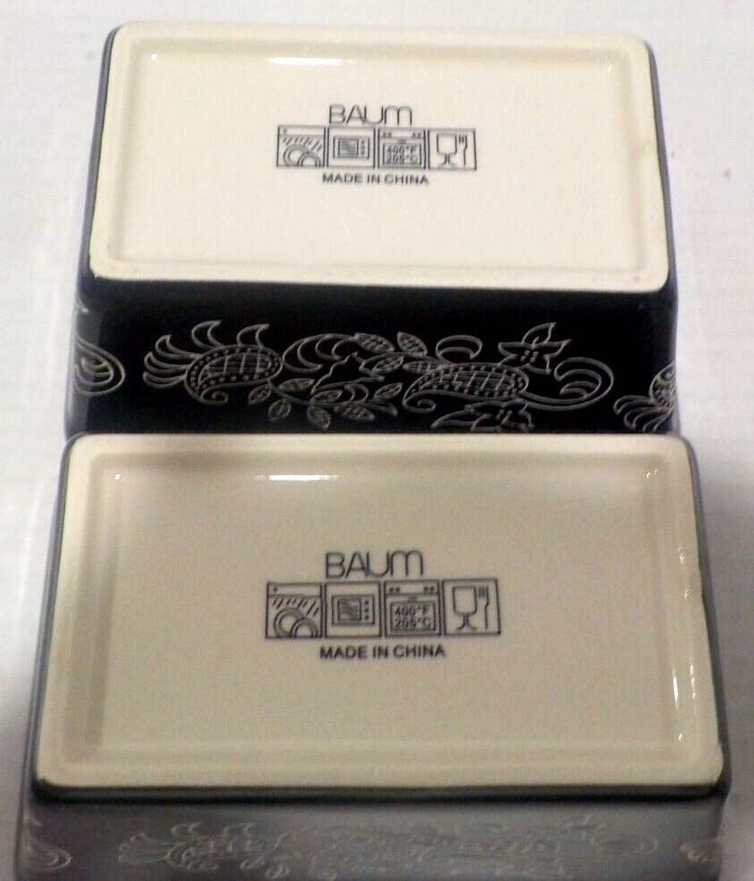 Lot 2 BAUM Small Rectangular LOAF Bakeware Dish Black White PAISLEY 6.5x4x3 *EUC