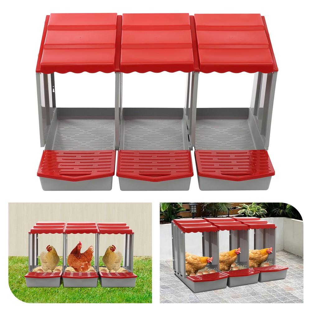 Red 3-Compartment Chicken Nesting Box Wall-mounted Rectangular Egg Collection US