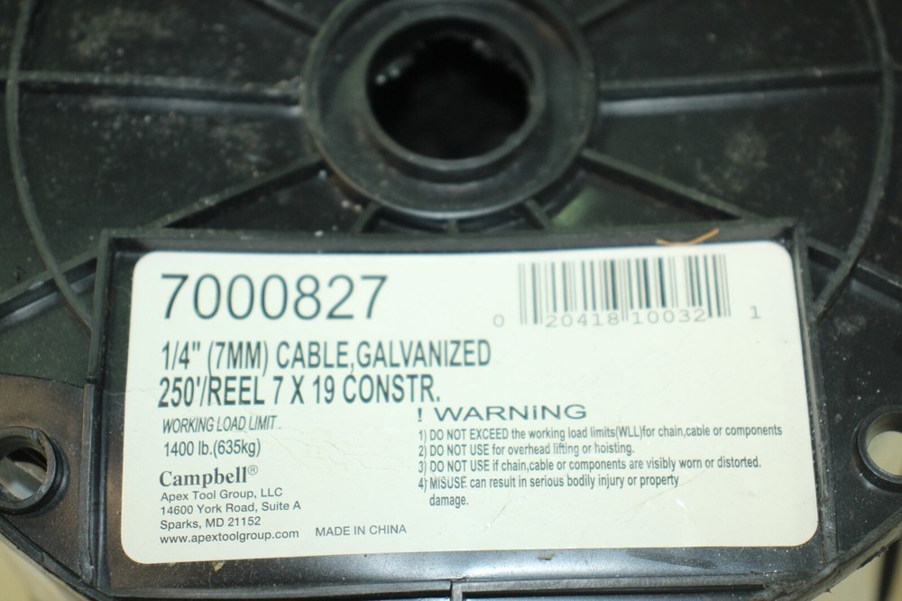 Campbell 7000827 1/4" Galvanized Cable 250' Reel
