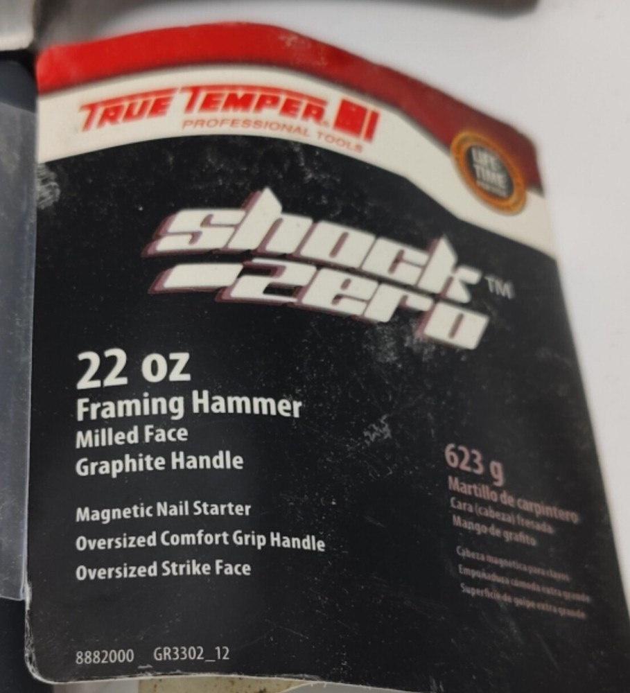 New! True Temper Shock Zero Graphite Handle Framing Hammer 22 oz / 16"