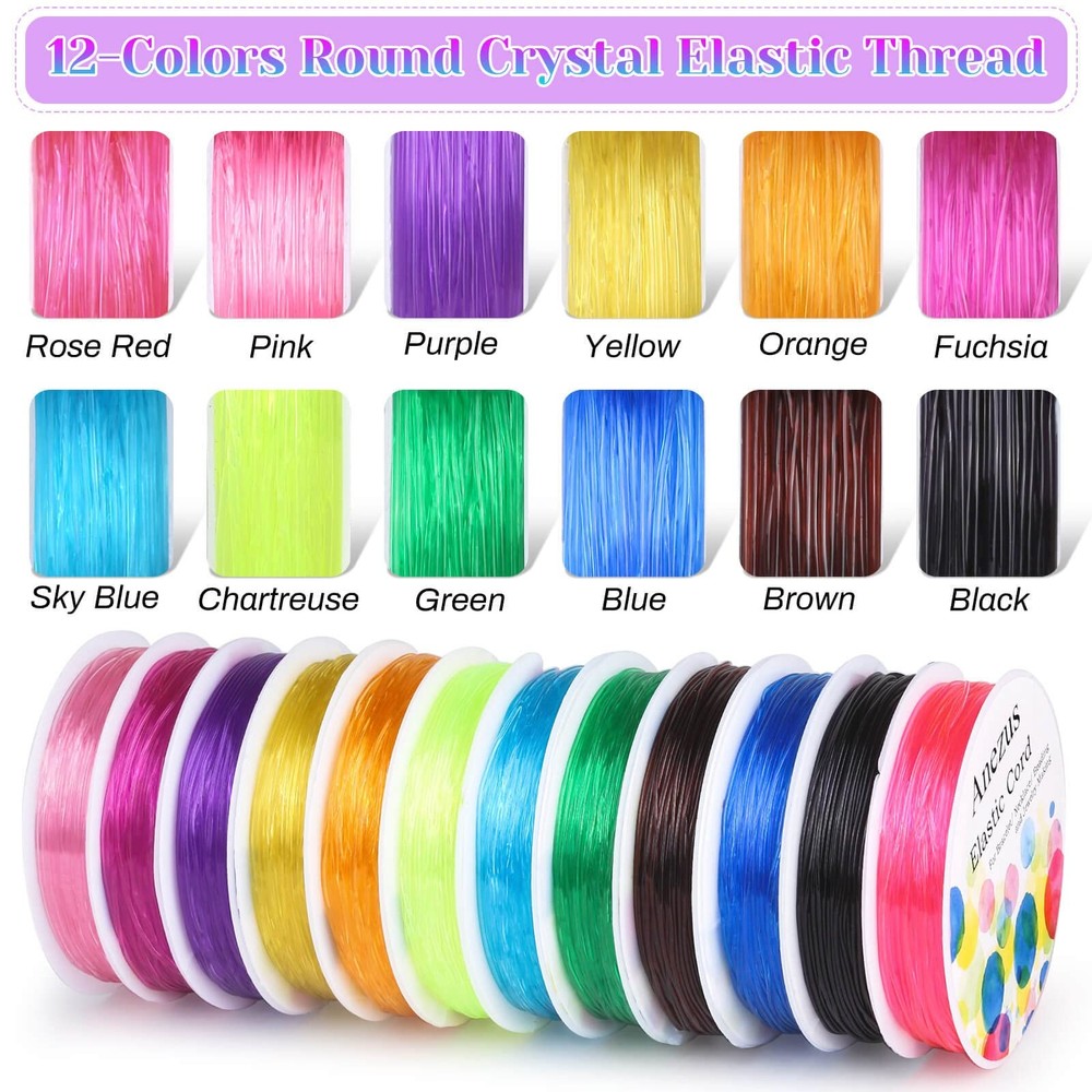 Elastic String for Bracelets, Anezus 12 Rolls Crystal Beading Assorted Colors