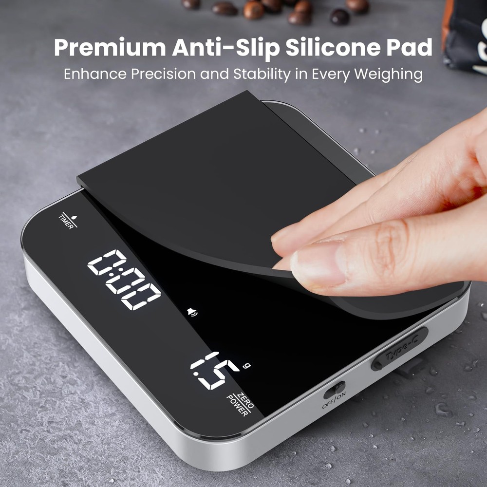 Mini Coffee Scale with Timer, USB-Rechargeable Espresso Scale, 2kg/0.1g Accur...