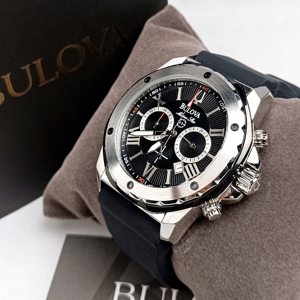 Bulova Marine Star 98B127 Chronograph Black Dial Rubber Strap Men's Quartz Watch