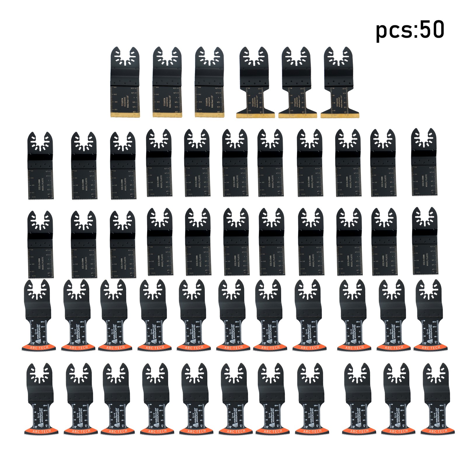 50 PCS Titanium Oscillating Tool Blades Curved Edge Oscillating Saw Blade Kit