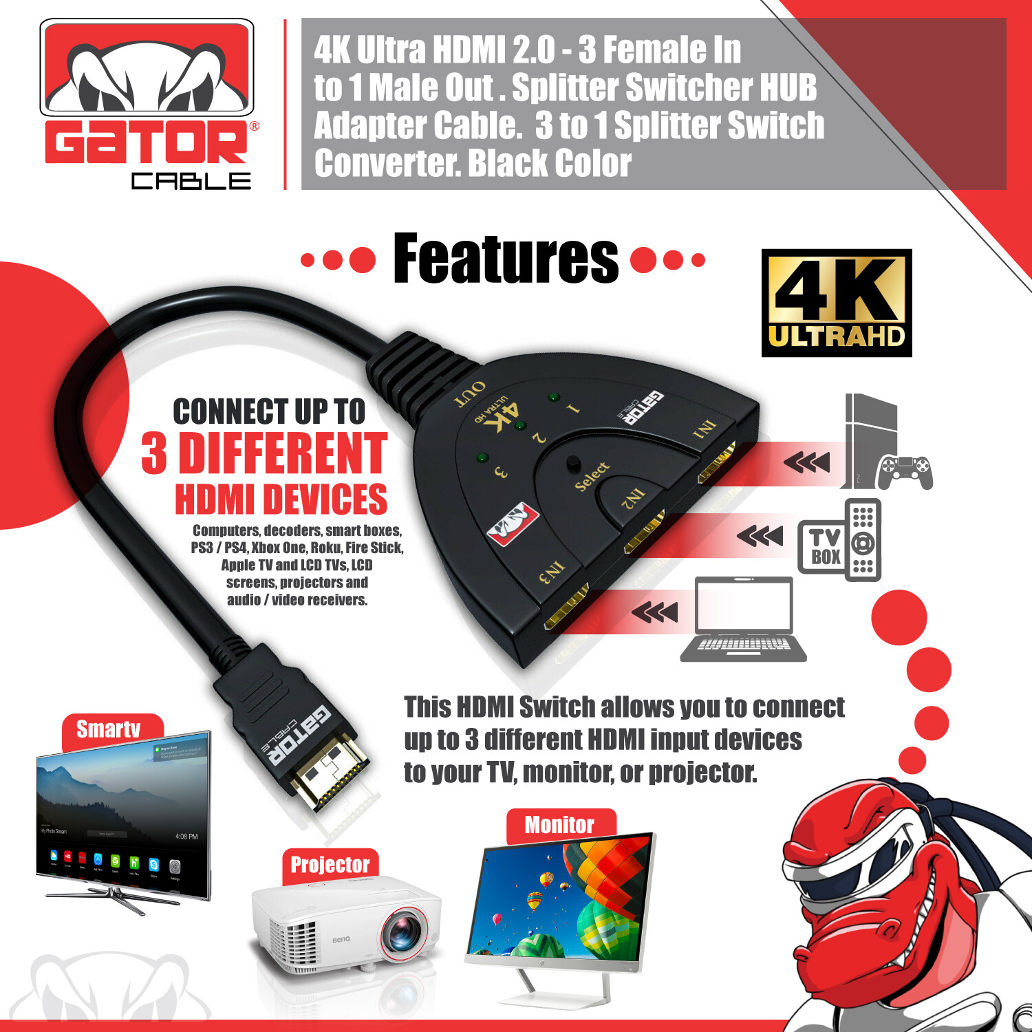 4K HDMI 2.0 Cable Auto Switch Switcher Splitter Adapter 3 In to 1 Out Devices