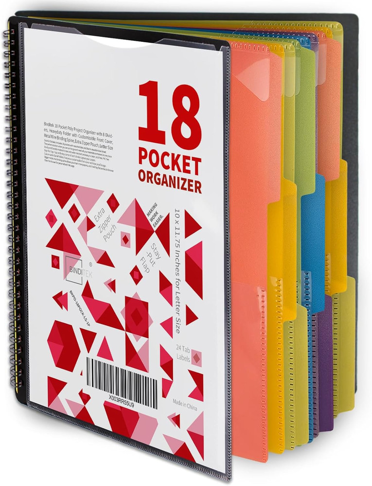1 Pack 18 Pocket Poly Project Organizer with 9 Dividers, Heavyduty Folder with C