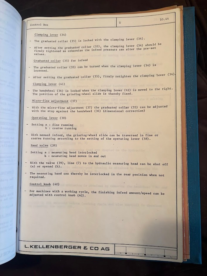 Original Kellenberger Instruction Manual 600U Grinder c1980 Operator Maintenance