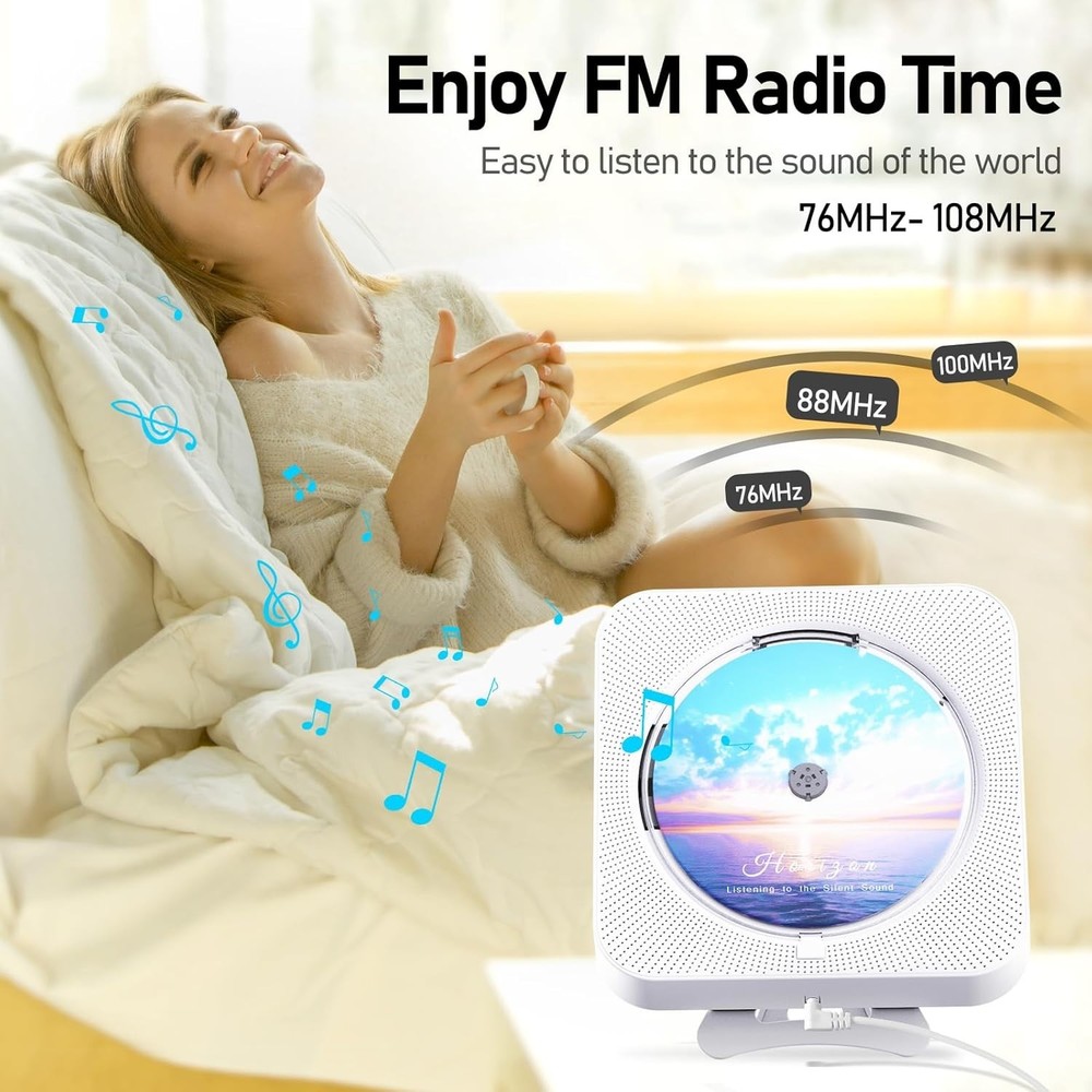 MICOCIOUS Bluetooth CD Player Portable Home Wall Mount FM USB Remote White