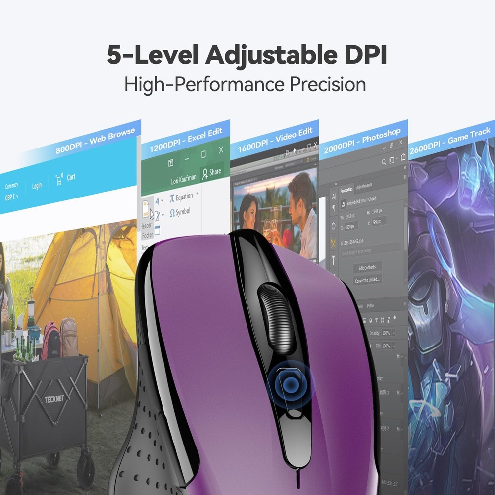 TECKNET Wireless Mouse, 2.4G Ergonomic Optical Computer medium, Purple