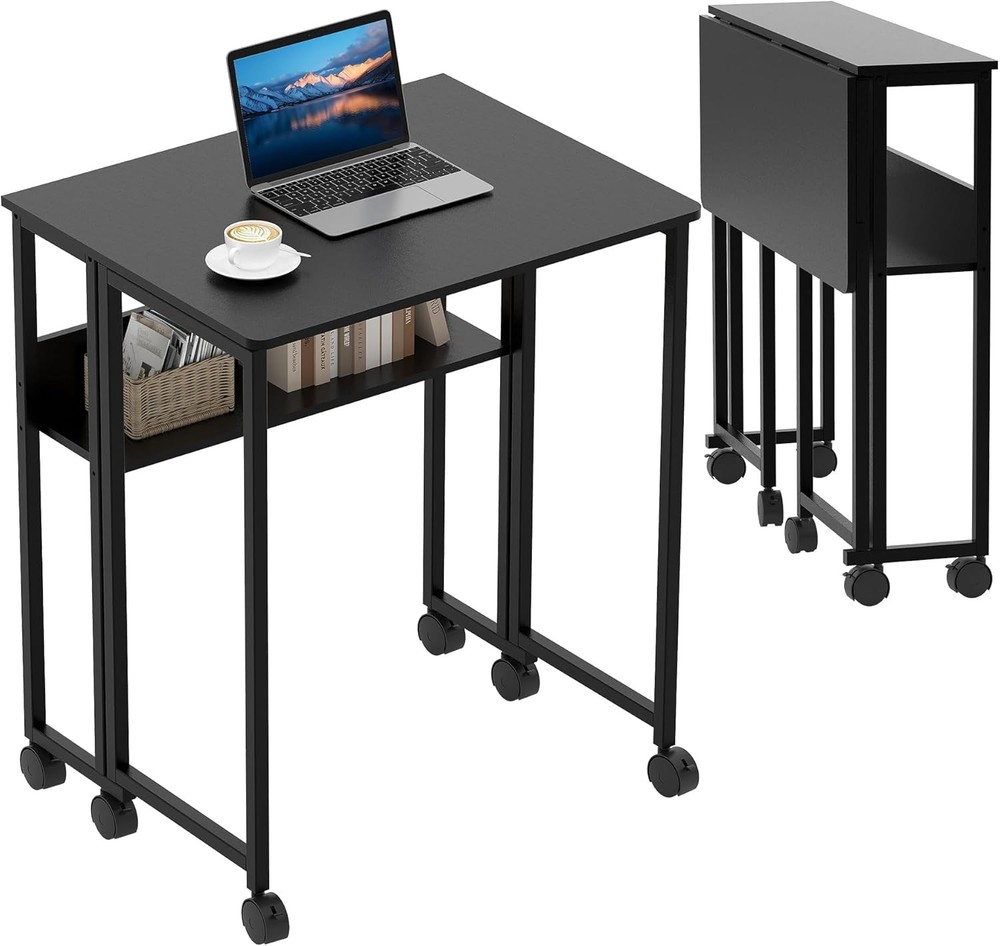 31.5 Inch Folding Desk Rolling Desk with Storage Shelf Foldable Computer Table
