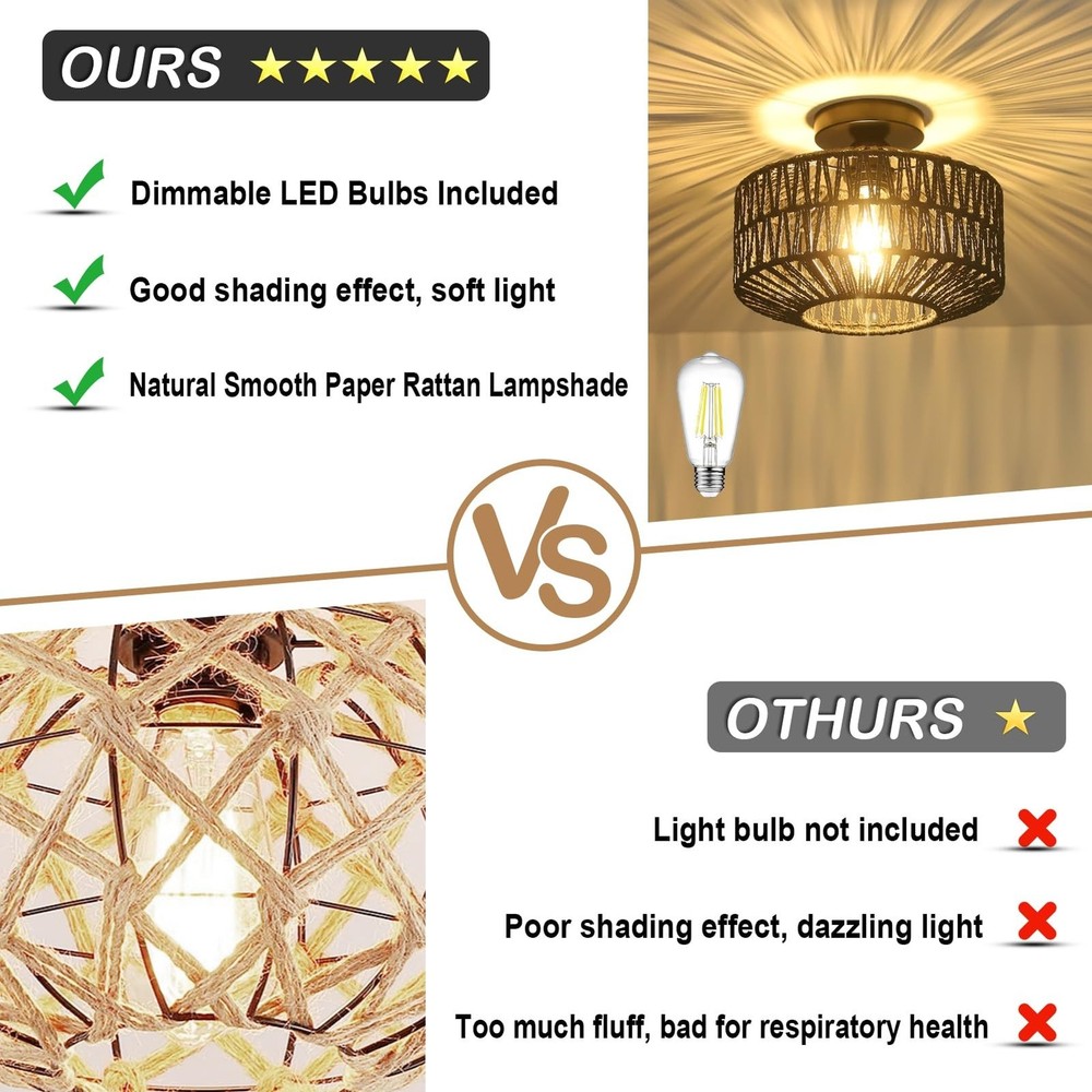 Rattan Light Fixtures Ceiling Mount,Boho Ceiling Light Fixture with Dimmable ...