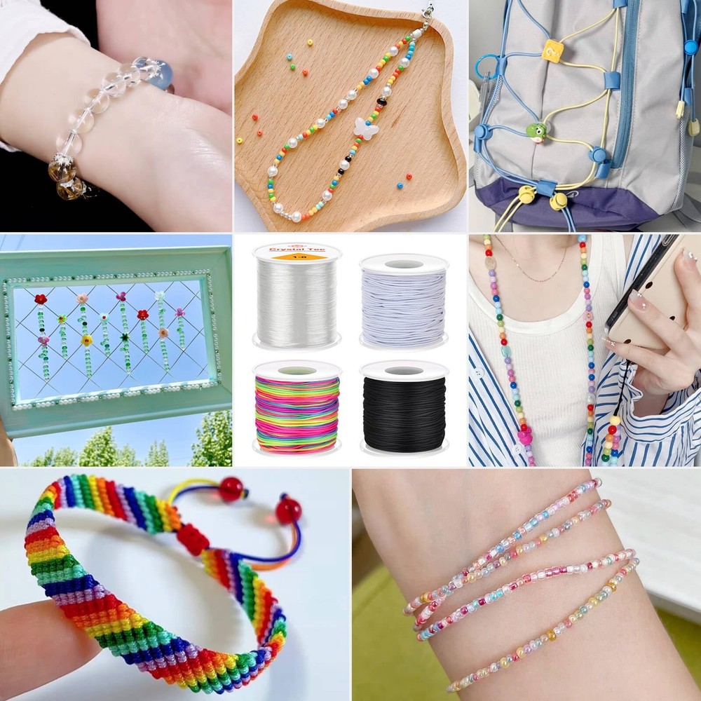 Stretchy Bracelet String Kit(4 Rolls Transparent，rainbow，black and White