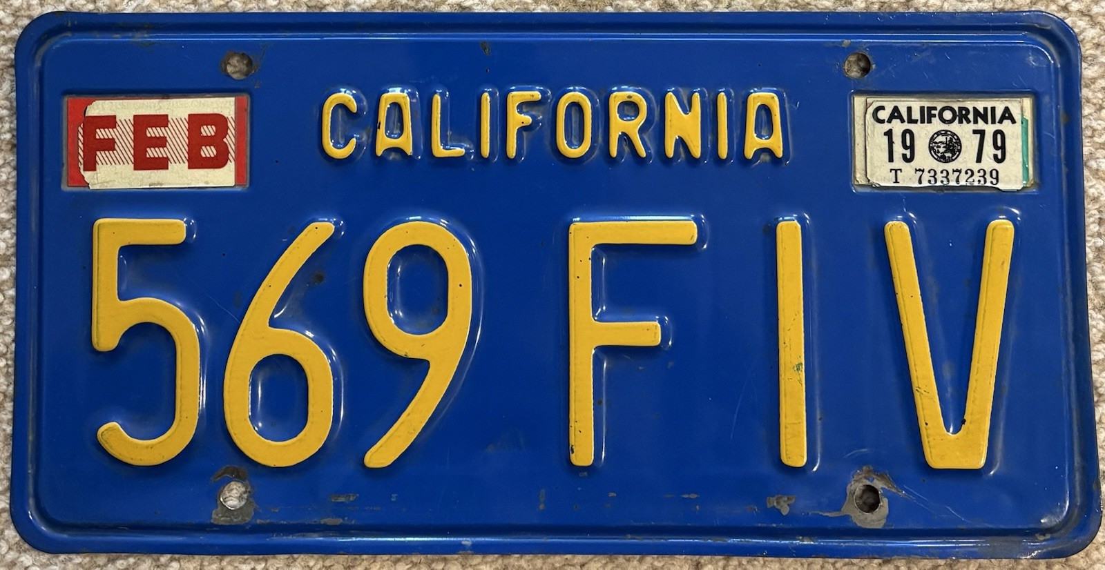 Original Pair Of 1970s Steel Blue California License Plates 569 FIV CA CAL