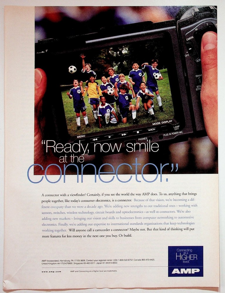 AMP 1997 Print Advertisement 8x11 Camcorder Connector Electronics