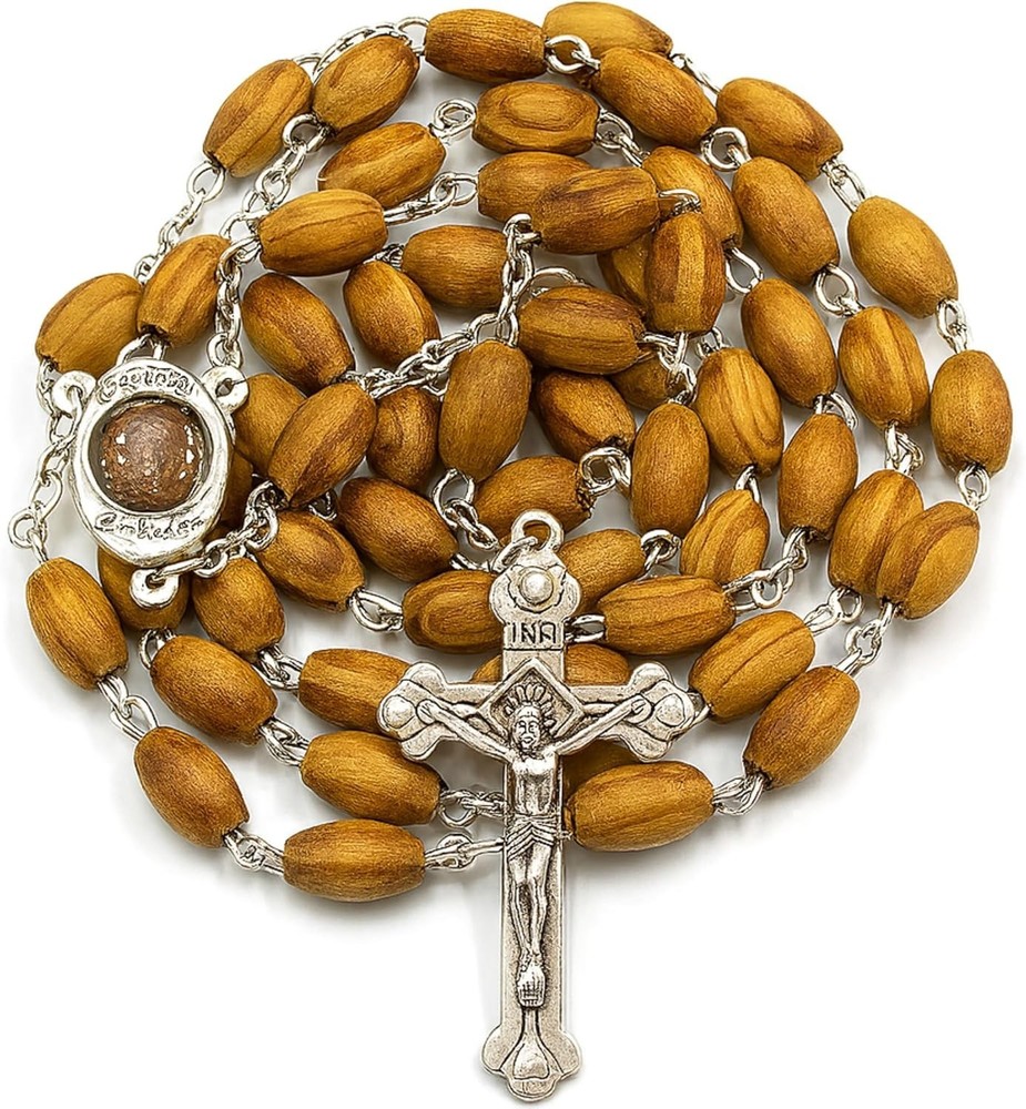Authentic Jerusalem Rosary: Olive Wood Beads & Soil Medal Gift with Certificate
