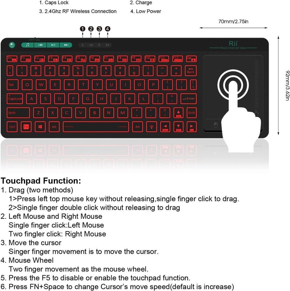 K18 plus Wireless 3-LED Color Backlit Multimedia Keyboard with Multi-Touch Big S