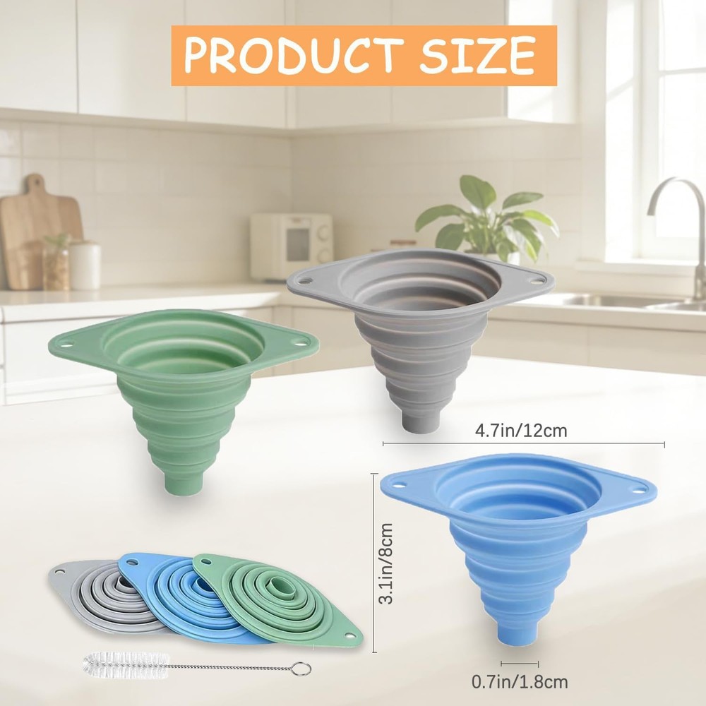 Kitchen Funnel Set 3 Pack, Collapsible Silicone Funnel for Kitchen Use, Small Fu