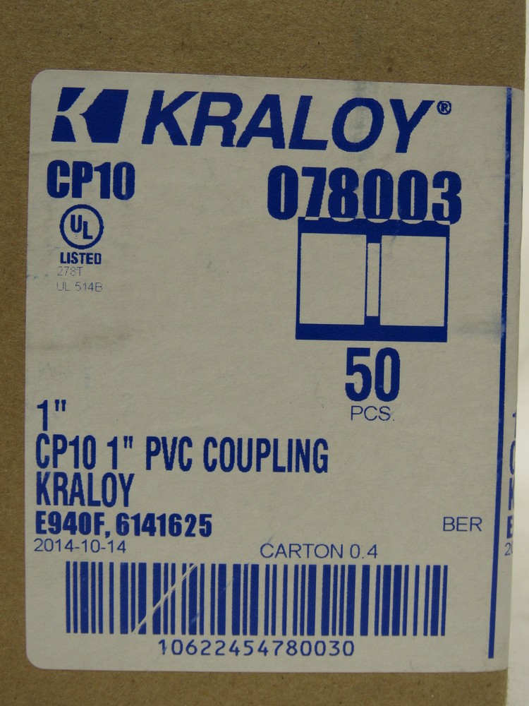 Kraloy 078003 CP10 1" PVC Coupling 50 pack