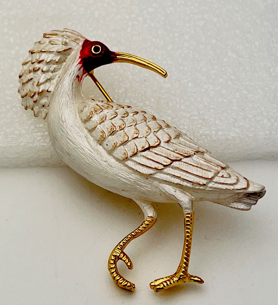 Hand Painted Gold Plated White Crested Ibis Bird Pin Brooch