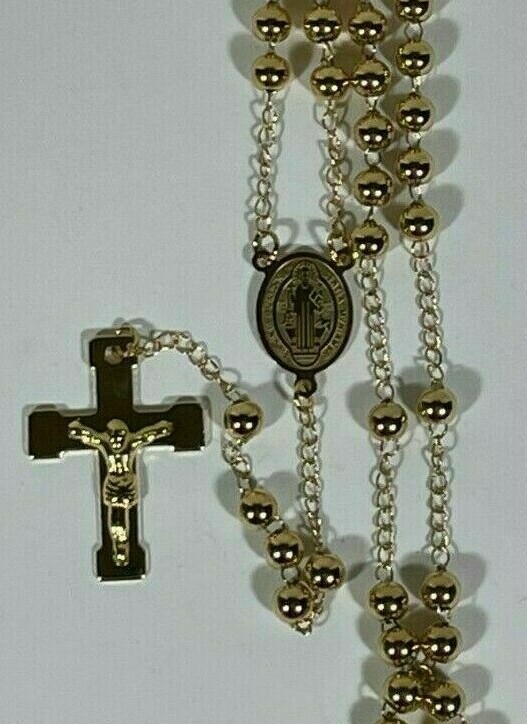St. Benedict Catholic Rosary Gold Plated Stainless Steel Ball Bearing 5 Decade