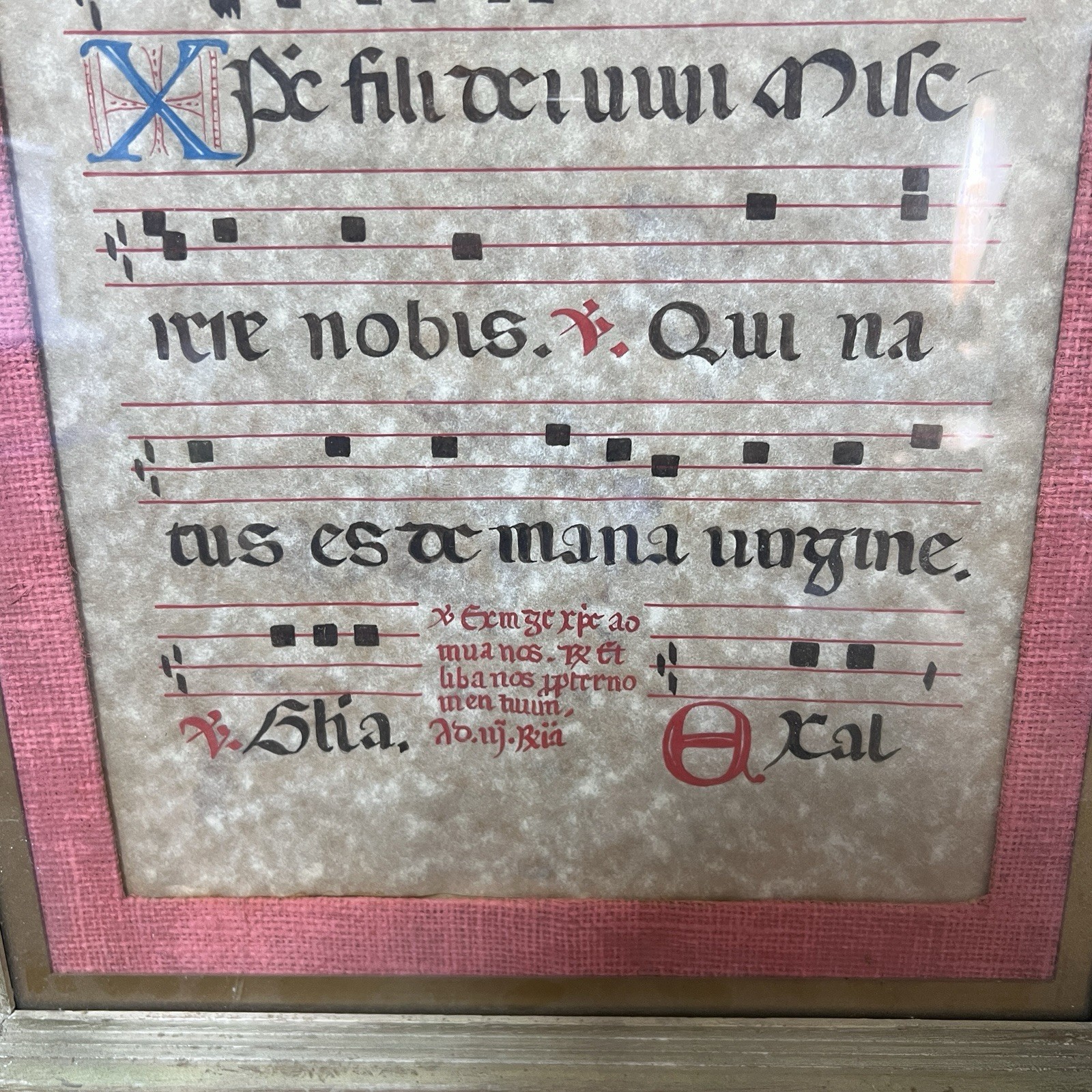 Pair Framed Illuminated Gregorian Chant Music Manuscript Pages Medieval Style