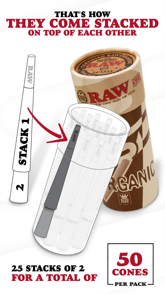 RAW King Size Organic Pre-Rolled Cones | 50 Pack | Slow Burning Papers