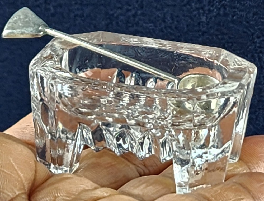 Vintage Open Footed Crystal Salt Cellar (Rectangular) with 925 Silver Spoon