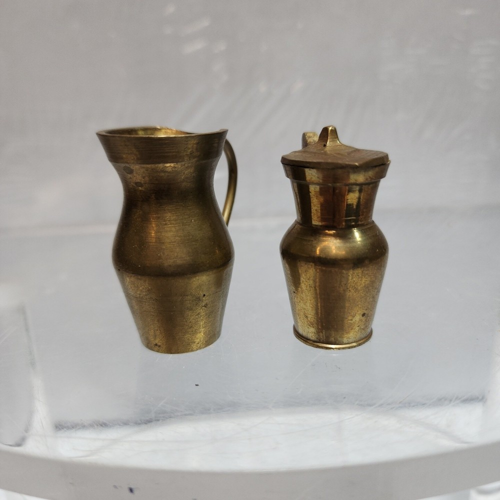 2 Vintage Miniature 2" Dollhouse Solid Brass Pitcher Set Made in India