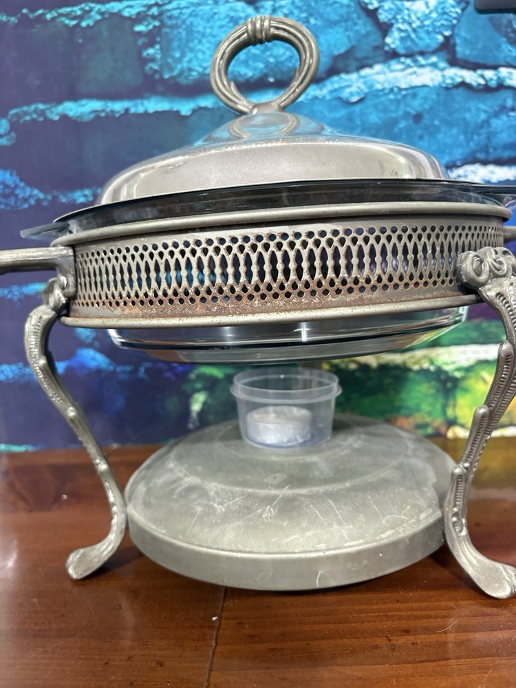 Vtg. Silver-plated Buffet Chaffing Serving Dish With Warmer Glass Insert