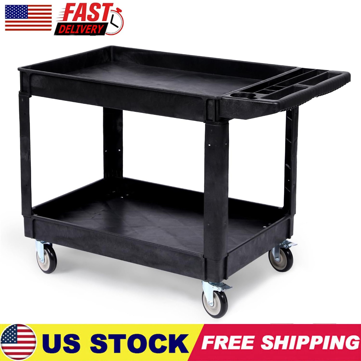 2-Shelf Utility Cart 550 lb Heavy Duty Rolling Plastic Cart with Lockable Wheels