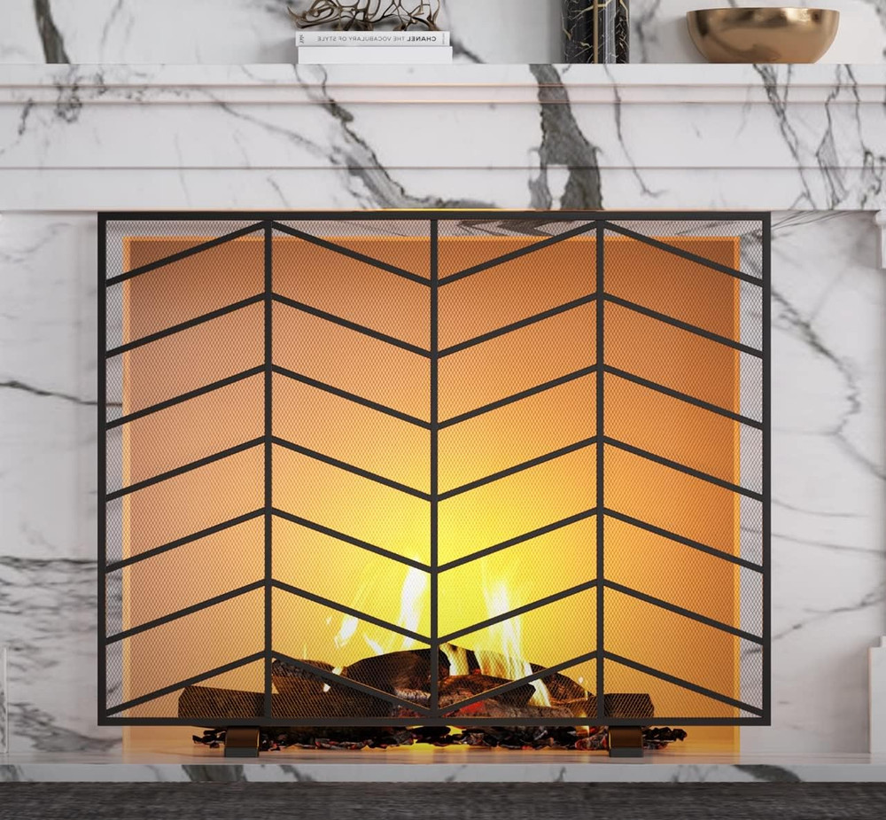 Single Panel Handcrafted Wrought Iron Mesh Chevron Fireplace Screen, Fire Spark
