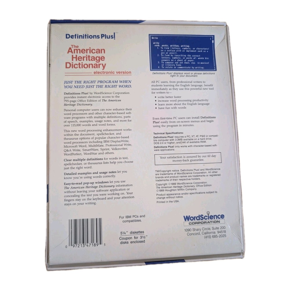American Heritage Dictionary Electronic Version 5 1/4" Floppy Disk WordScience