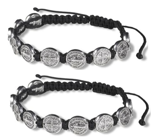 Black Saint Benedict Cord Adjustable Rosary Bracelet (10) Medals (SET of 2)